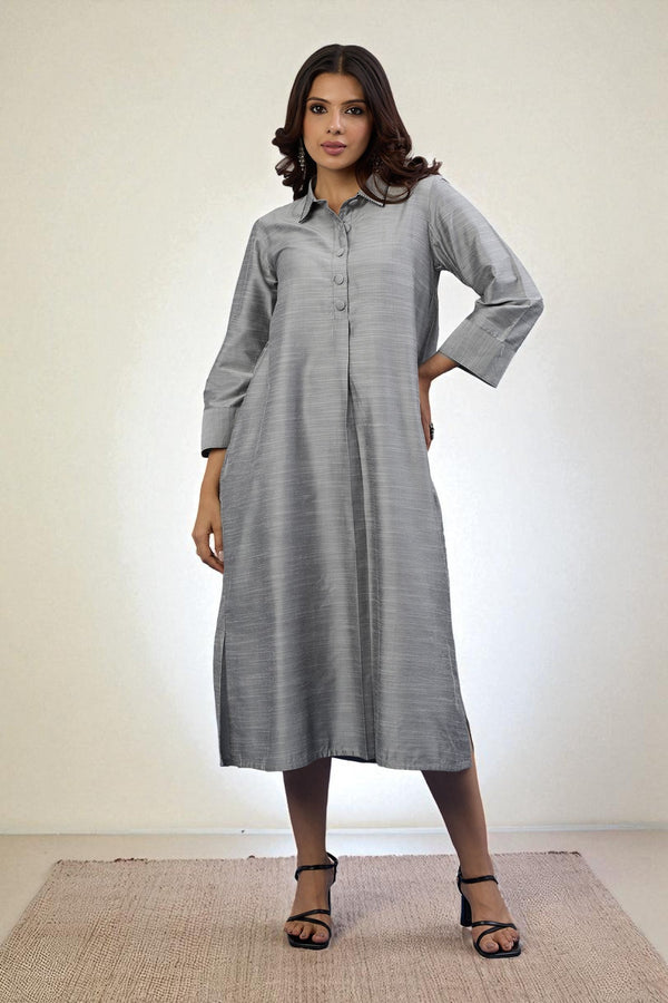 Maati Craft Gulabi Lunar Silver Cotton Silk Slub Long Shirt Dress