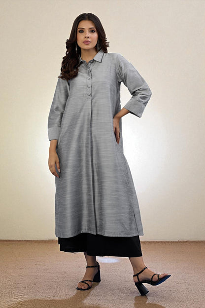 Maati Craft Gulabi Lunar Silver Cotton Silk Slub Long Shirt Dress