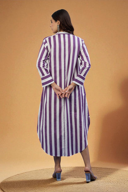 Maati Craft Gulabi Lavender Line  Long Cotton Shirt Dress