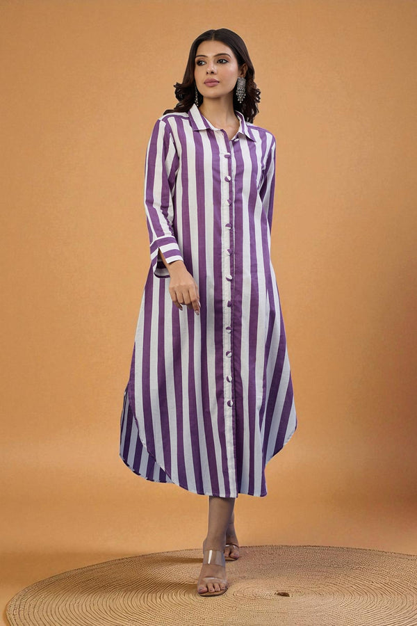 Maati Craft Gulabi Lavender Line  Long Cotton Shirt Dress