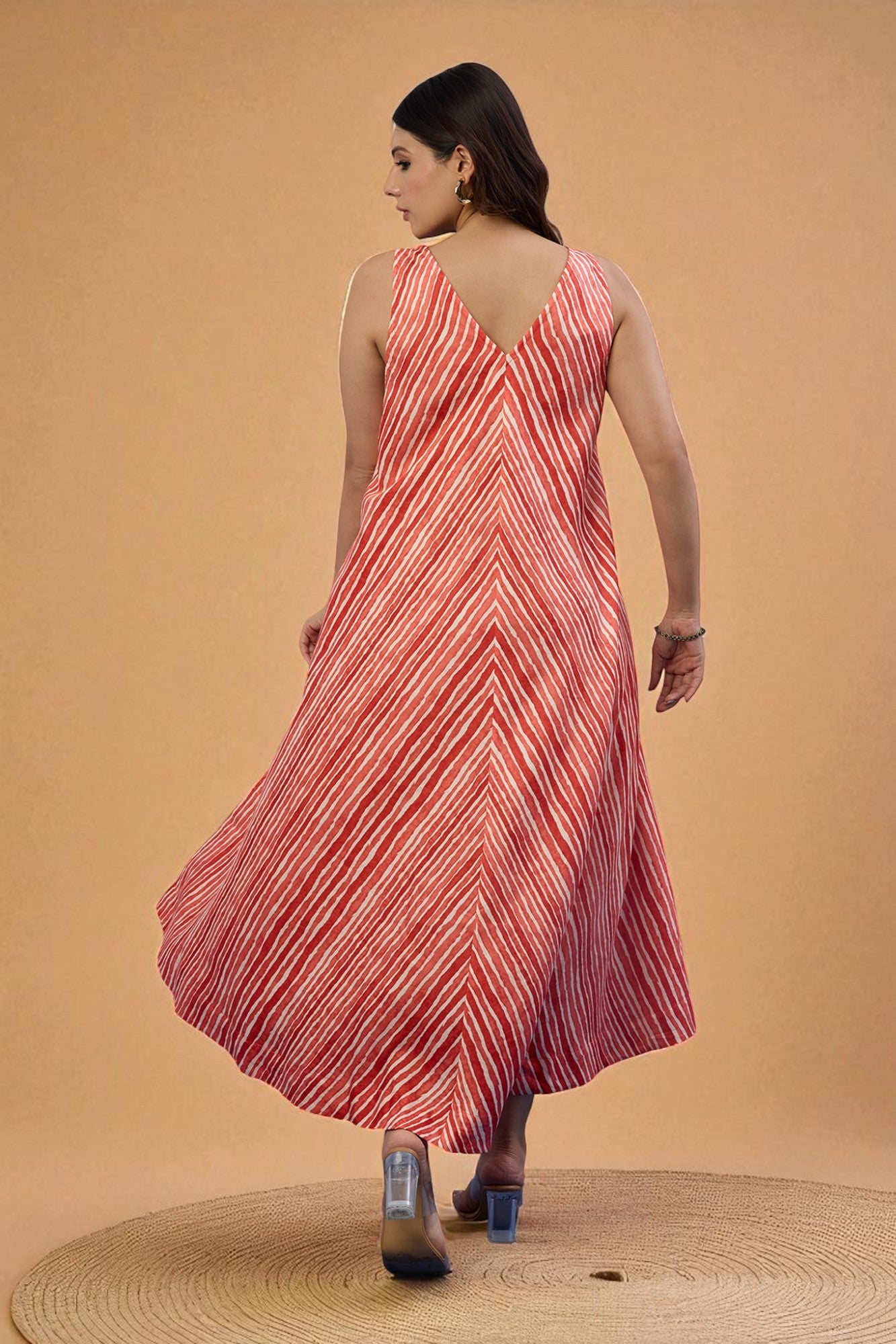 Maati Craft Gulabi Citrus Stripe Sleeveless Strap Satin Cotton Flared Bias Dress