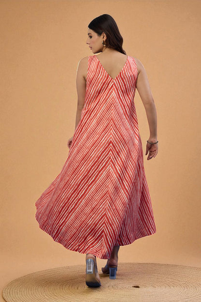 Maati Craft Gulabi Citrus Stripe Sleeveless Strap Satin Cotton Flared Bias Dress