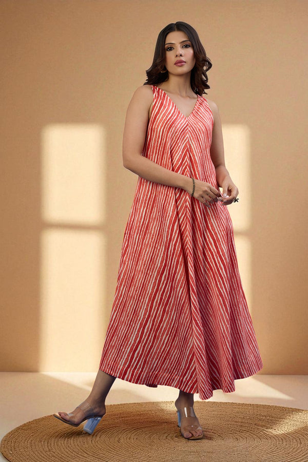 Maati Craft Gulabi Citrus Stripe Sleeveless Strap Satin Cotton Flared Bias Dress