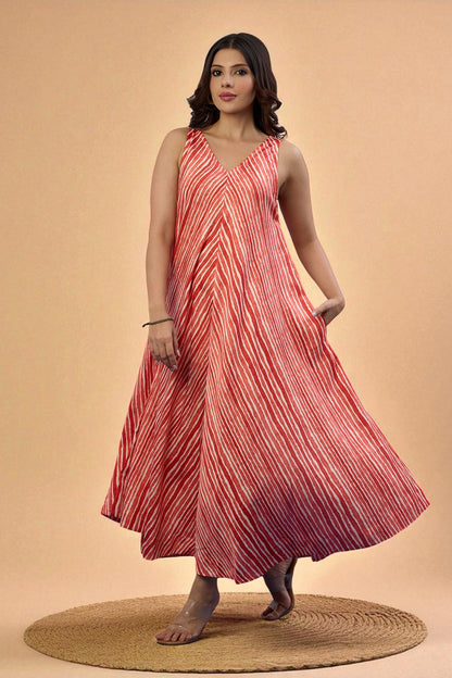 Maati Craft Gulabi Citrus Stripe Sleeveless Strap Satin Cotton Flared Bias Dress