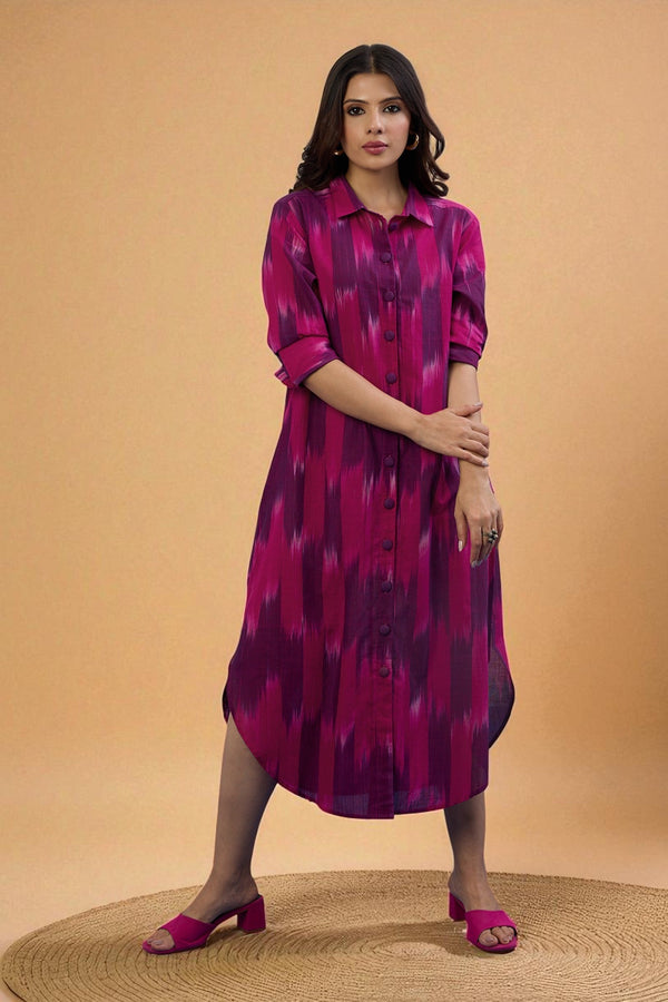 Maati Craft Gulabi Amethyst Rose Long Cotton Shirt Dress