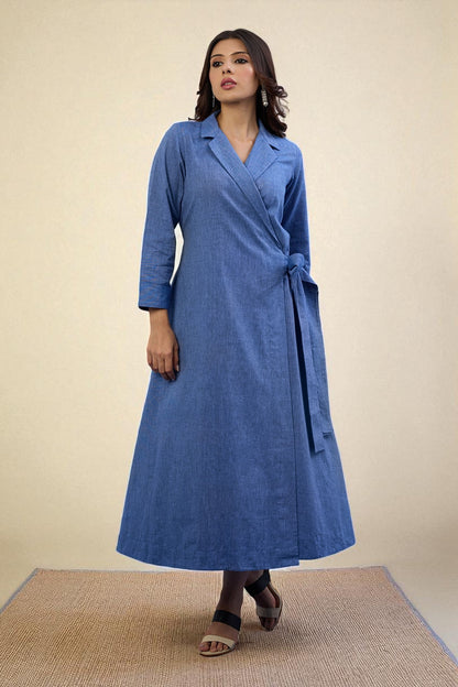 Maati Craft Gulabi Cobalt Dream South Cotton Trench Belt Dress