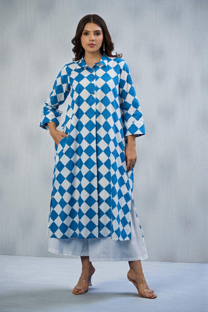 Maati Craft Gulabi Arctic Diamond Cotton Long Shirt Dress