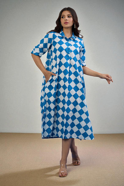 Maati Craft Gulabi Arctic Diamond Cotton Long Shirt Dress