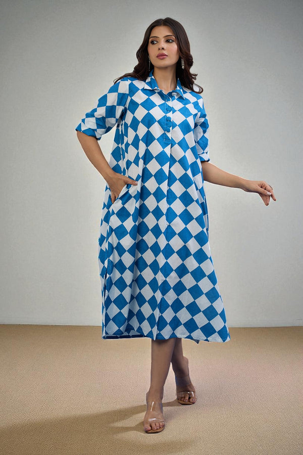 Maati Craft Gulabi Arctic Diamond Cotton Long Shirt Dress