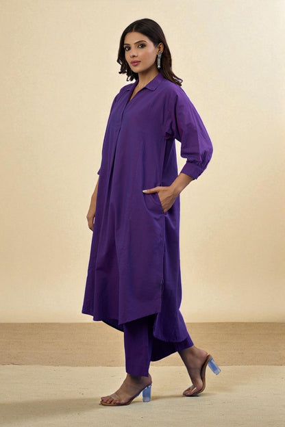 Maati Craft Gulabi Set of 2: Co-ord Set Orchid Glow Cotton Collar Box Pleat Kurta & Pants