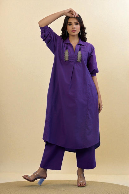 Maati Craft Gulabi Set of 2: Co-ord Set Orchid Glow Cotton Collar Box Pleat Kurta & Pants