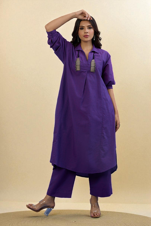 Maati Craft Gulabi Set of 2: Co-ord Set Orchid Glow Cotton Collar Box Pleat Kurta & Pants