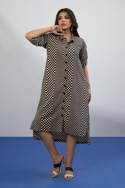 Maati Craft Mono Grid Hi-Low Hem Kurta