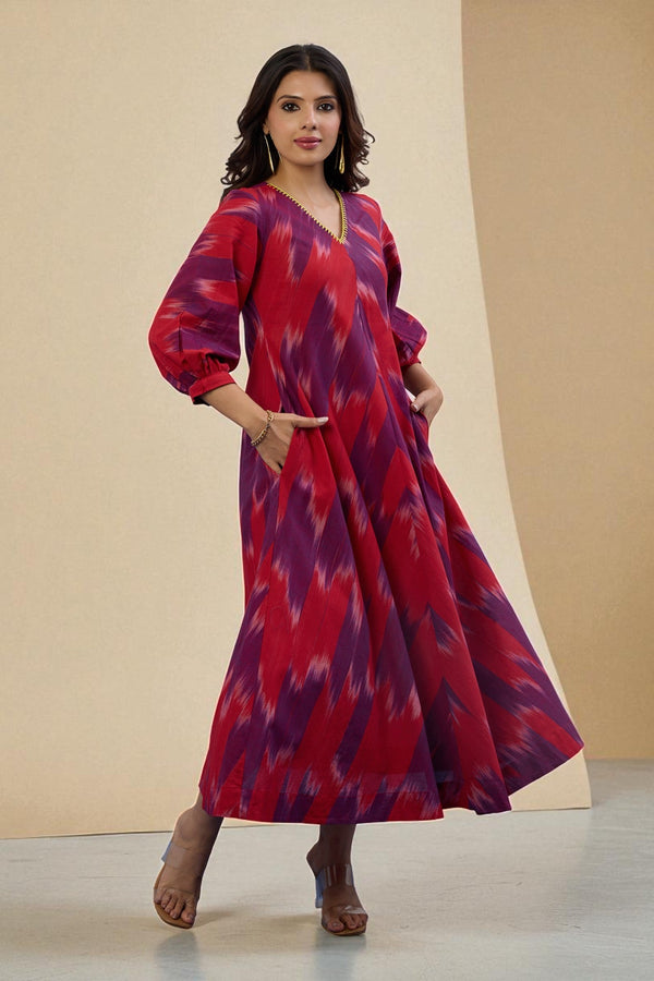 Maati Craft Gulabi Amethyst Flame V-Neck Midi Dress with Elevated Sleeves