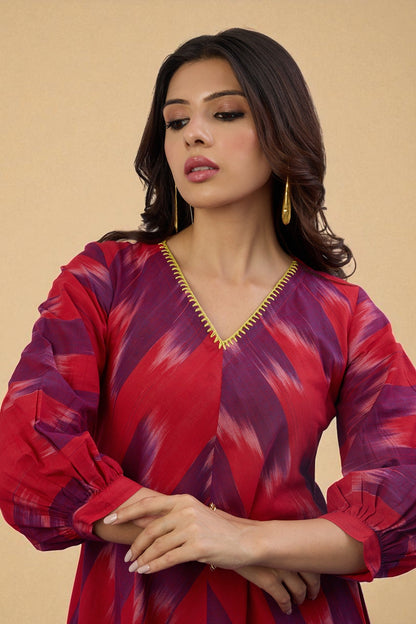 Maati Craft Gulabi Amethyst Flame V-Neck Midi Dress with Elevated Sleeves