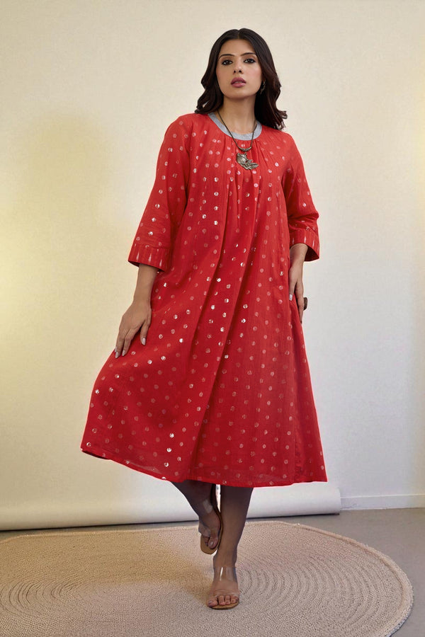 Maati Craft Gulabi Crimson Spark Cotton Crew Neck Gather Dress