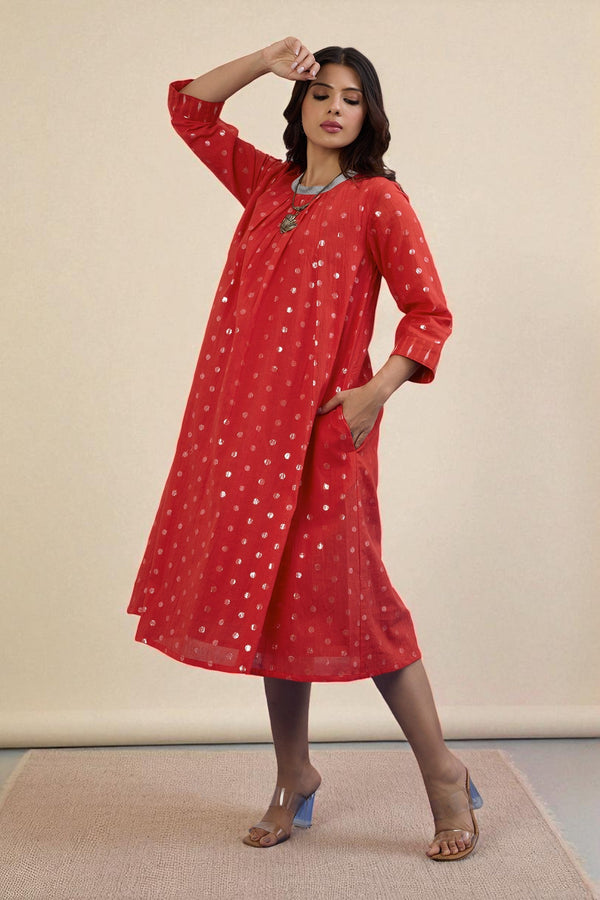 Maati Craft Gulabi Crimson Spark Cotton Crew Neck Gather Dress