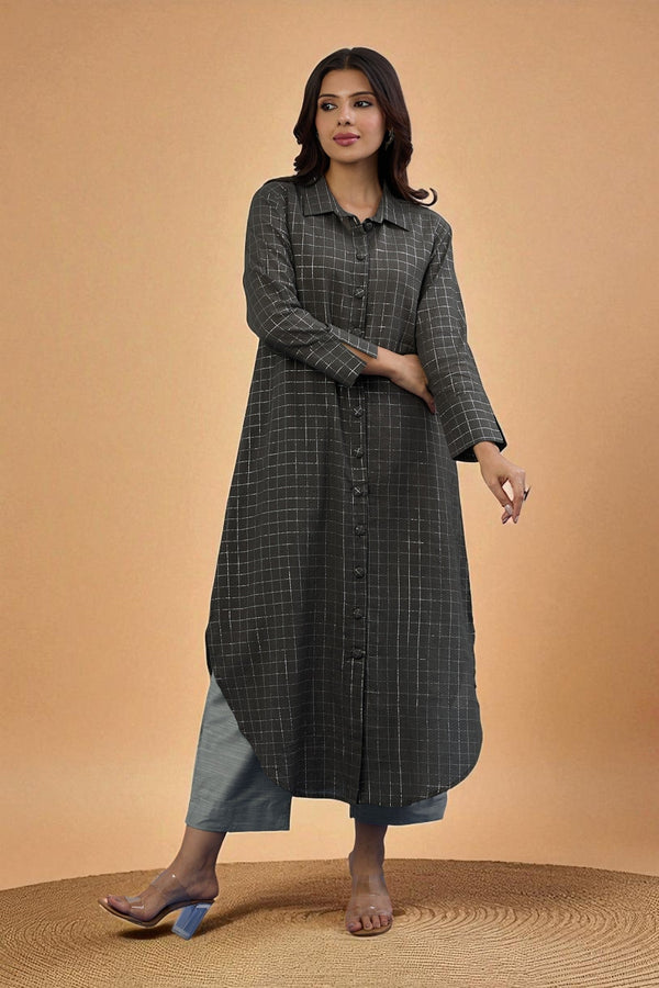 Maati Craft Gulabi Cocoa Silver Grid Long Cotton Shirt Dress