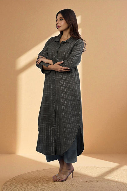 Maati Craft Gulabi Cocoa Silver Grid Long Cotton Shirt Dress