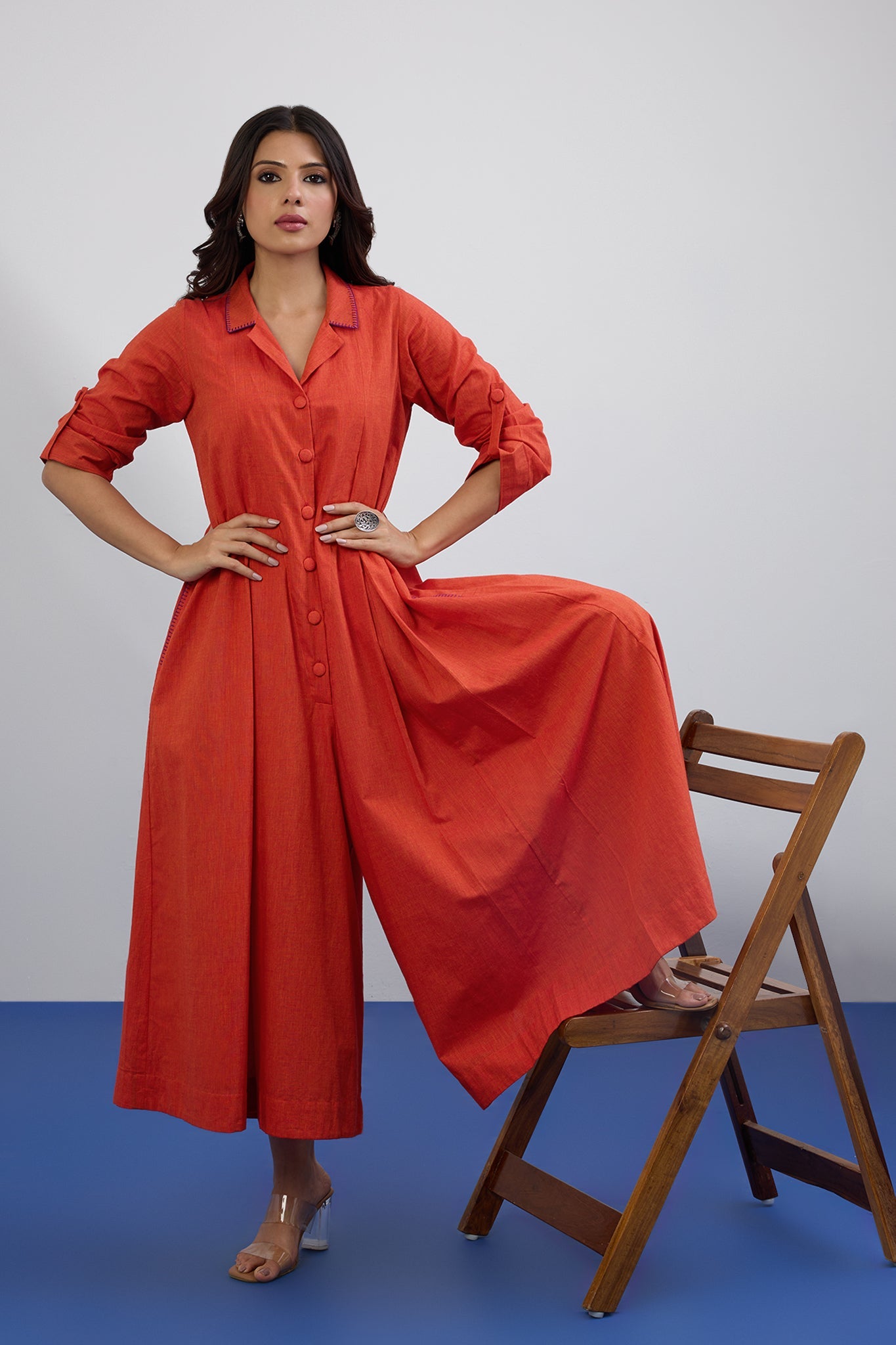 Maati Craft Saffron Sky Jumpsuit With Pockets & Collar
