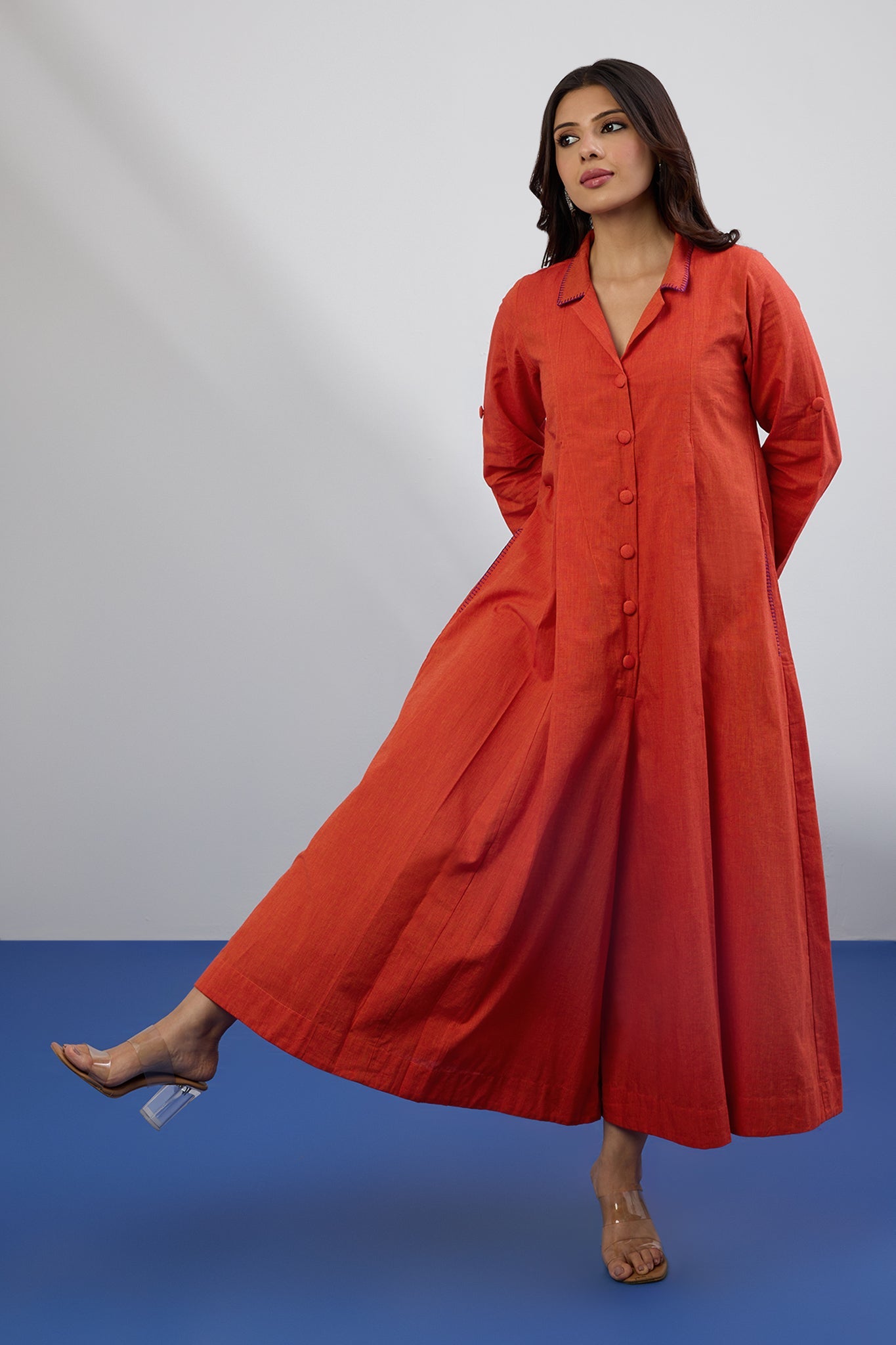 Maati Craft Saffron Sky Jumpsuit With Pockets & Collar