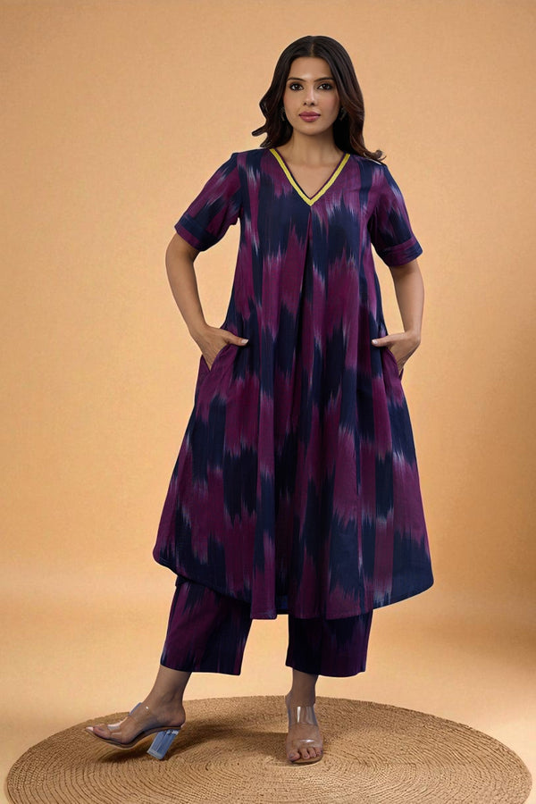Maati Craft Gulabi Twilight Streak Modern Box Pleated Cotton Kurta & Pants Co-ord Set