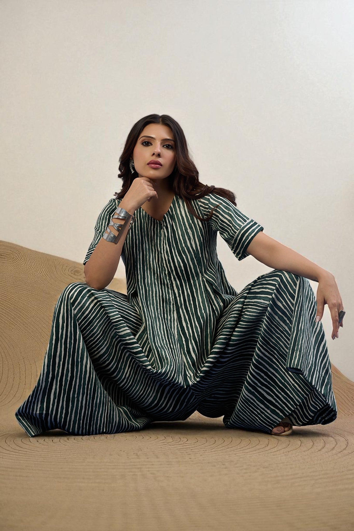 Maati Craft Gulabi Jade Stripes Front Zipper Cotton Satin Jumpsuit with Pockets & Sleeves