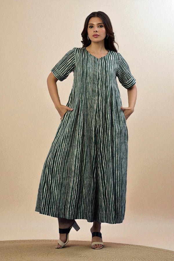 Maati Craft Gulabi Jade Stripes Front Zipper Cotton Satin Jumpsuit with Pockets & Sleeves