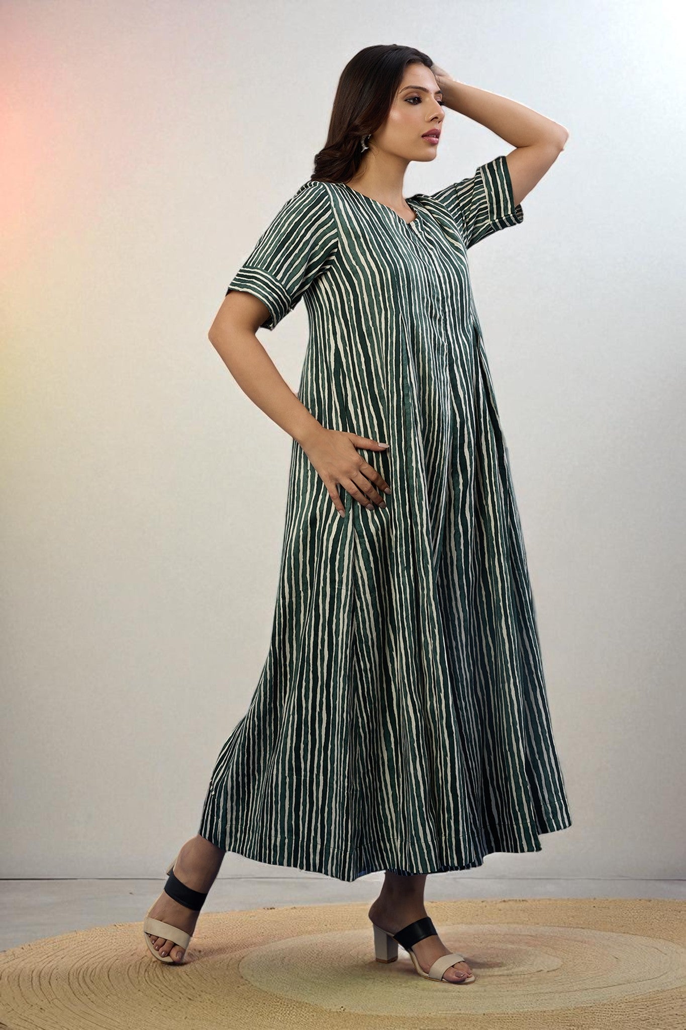 Maati Craft Gulabi Jade Stripes Front Zipper Cotton Satin Jumpsuit with Pockets & Sleeves
