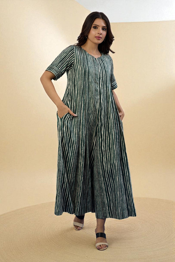 Maati Craft Gulabi Jade Stripes Front Zipper Cotton Satin Jumpsuit with Pockets & Sleeves