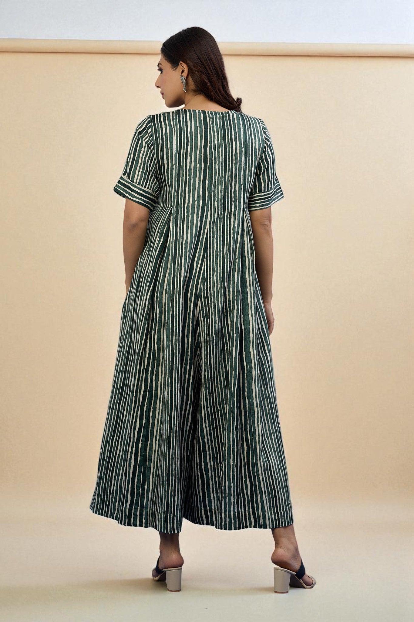Maati Craft Gulabi Jade Stripes Front Zipper Cotton Satin Jumpsuit with Pockets & Sleeves