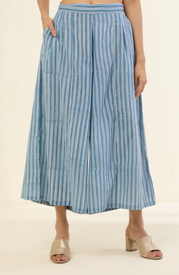 Maati Craft box pleated culotte - blue grey printed stripes