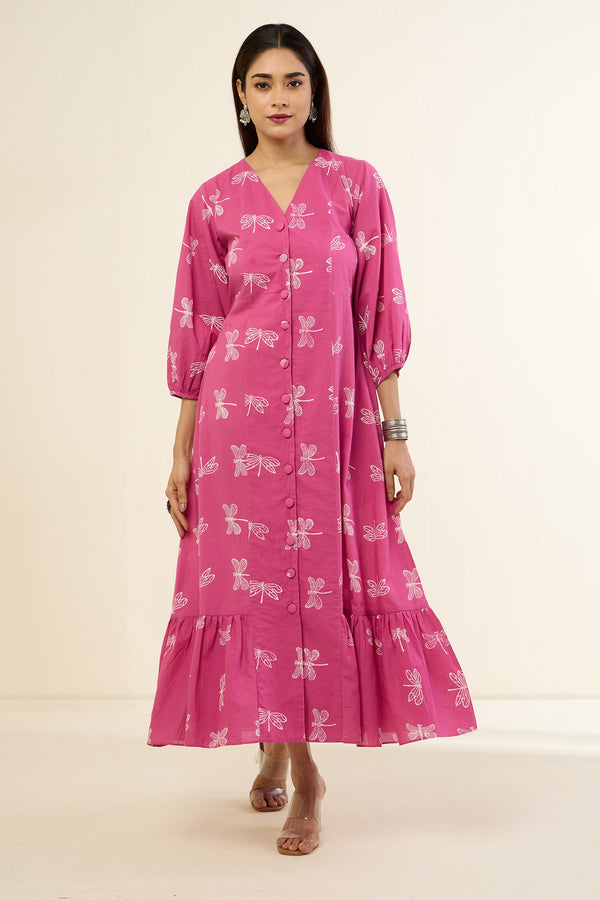 Pink & Dragonflies Dance Midi Dress With Ruffle Border Mc