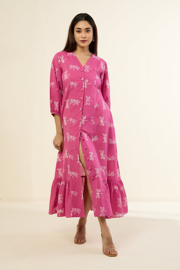 Pink & Dragonflies Dance Midi Dress With Ruffle Border Mc