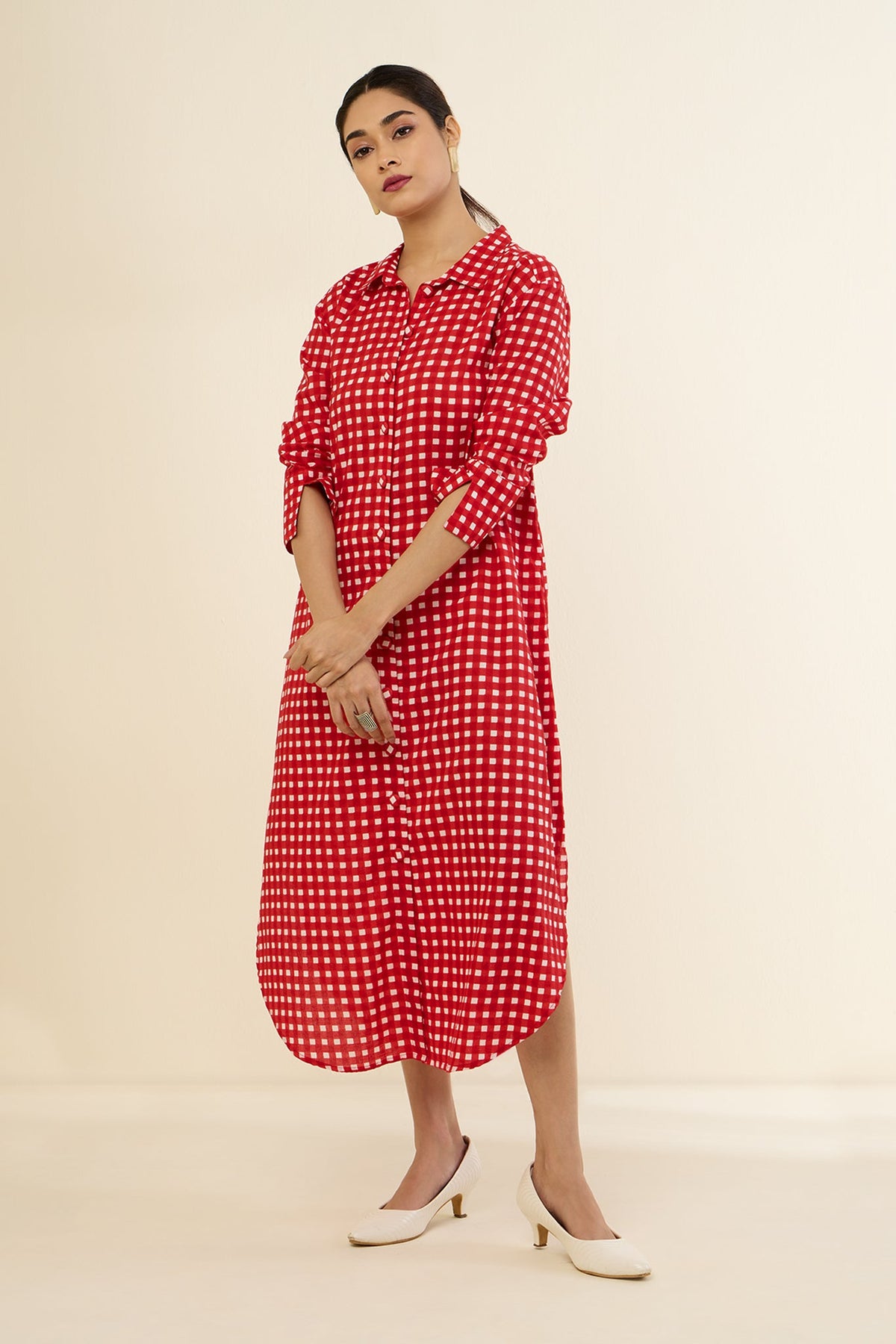 Cherry Checkered Delight Long Shirt Dress Mc