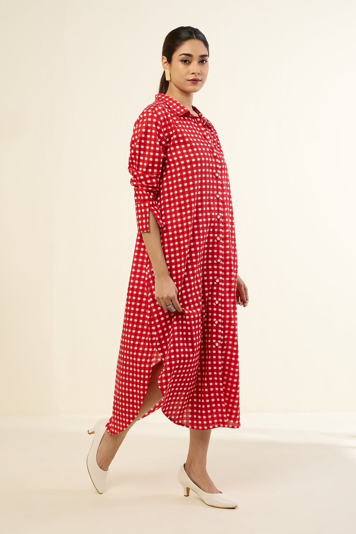 Cherry Checkered Delight Long Shirt Dress Mc
