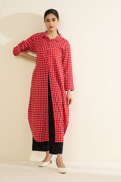 Cherry Checkered Delight Long Shirt Dress Mc