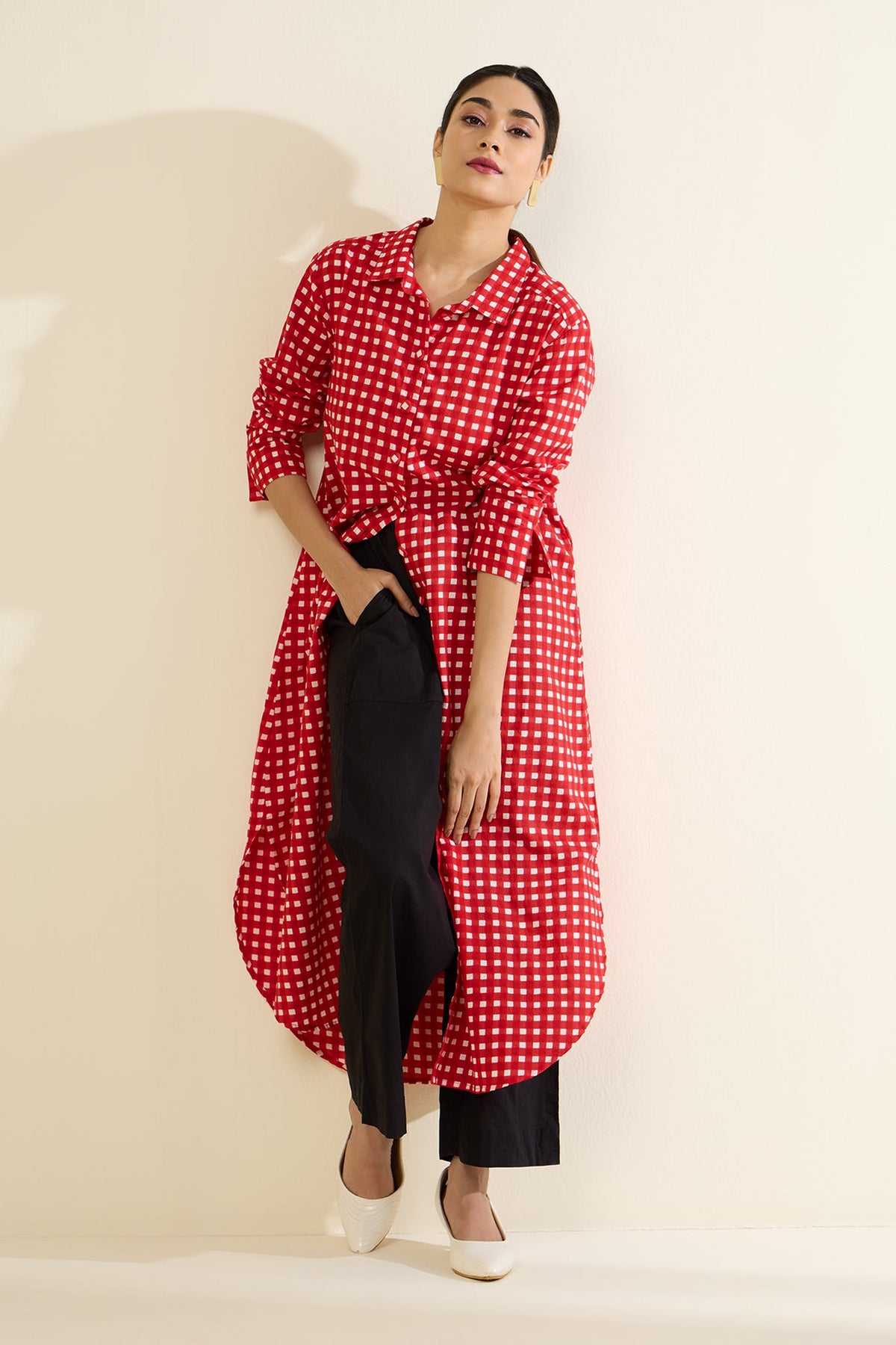 Cherry Checkered Delight Long Shirt Dress Mc