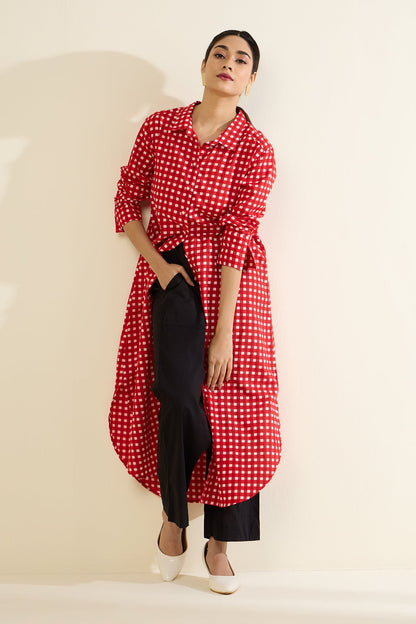 Cherry Checkered Delight Long Shirt Dress Mc