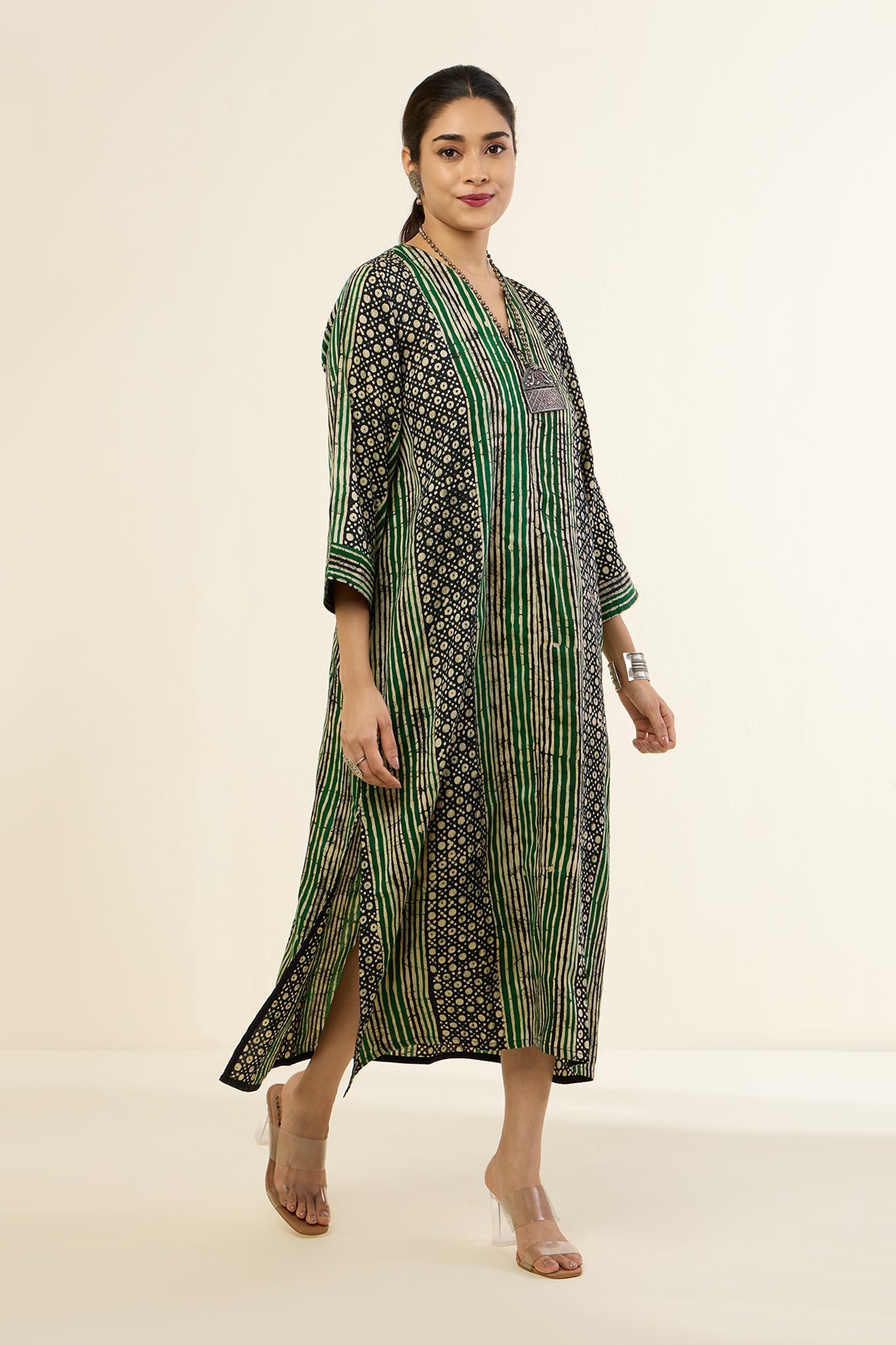 Maati  Emerald Noir Geometric Pattern Front Zipper A-Line Kurta