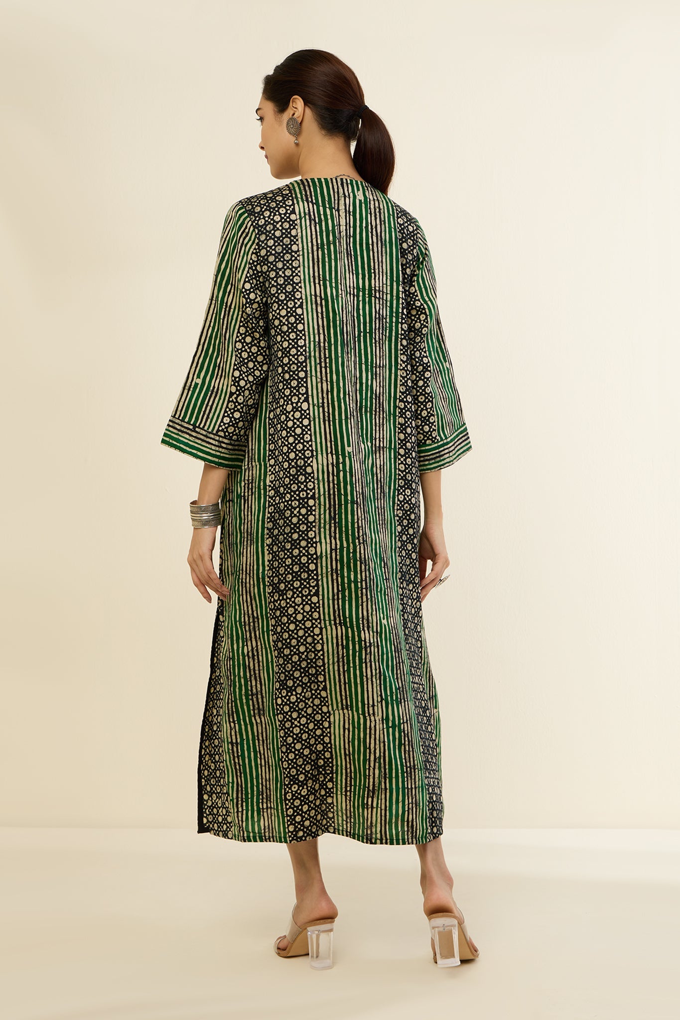Maati  Emerald Noir Geometric Pattern Front Zipper A-Line Kurta