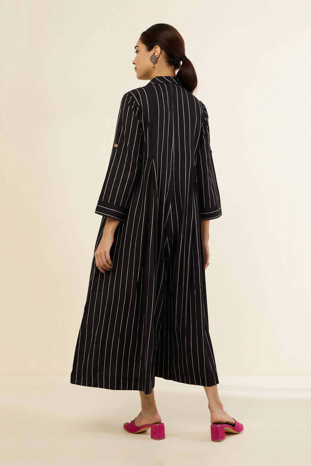 Classic Striped Monochrome Jumpsuit with Pockets & Collar Mc