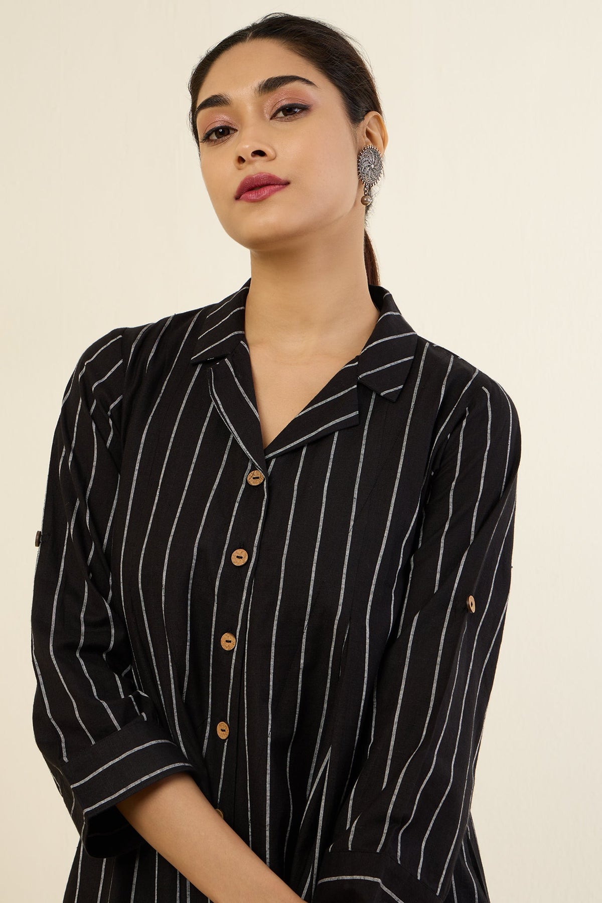 Classic Striped Monochrome Jumpsuit with Pockets & Collar Mc