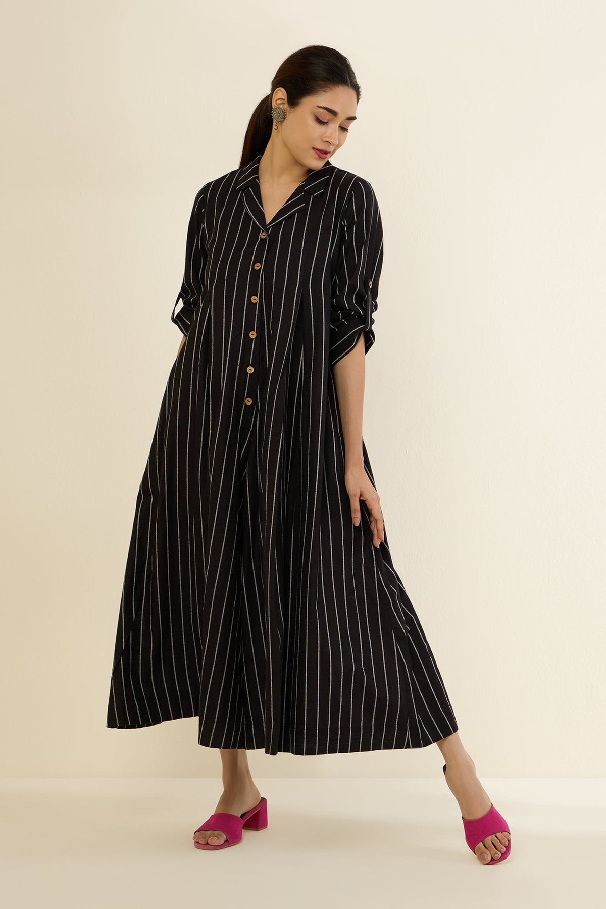 Classic Striped Monochrome Jumpsuit with Pockets & Collar Mc