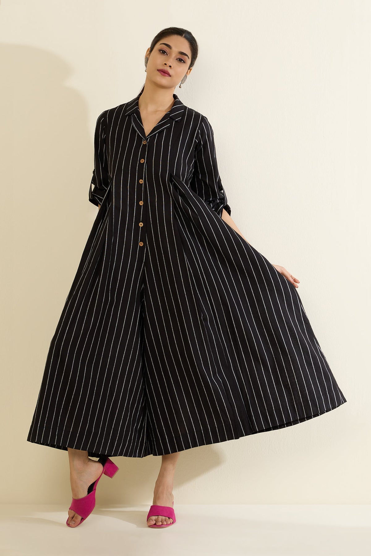Classic Striped Monochrome Jumpsuit with Pockets & Collar Mc