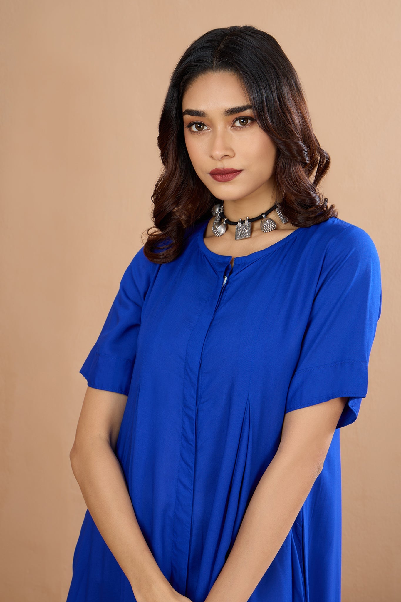 Maati  Button Down Jumpsuit With Pockets  Whispers Of Sapphire Night