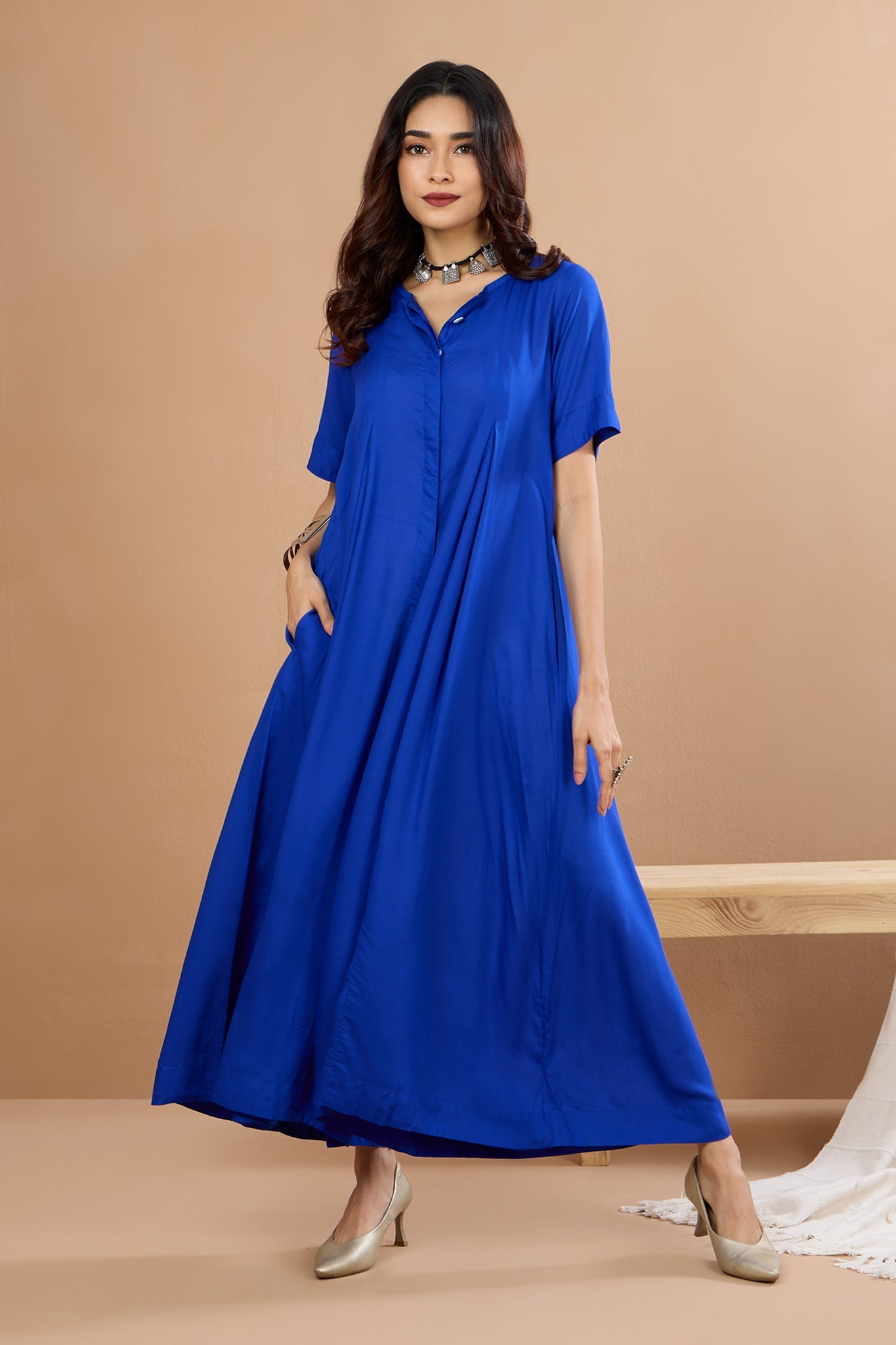 Maati  Button Down Jumpsuit With Pockets  Whispers Of Sapphire Night