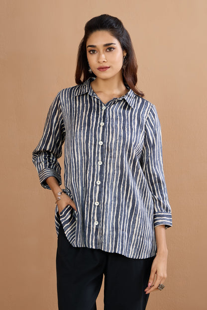 Maati  Minimalist Grey Stripes Everyday Cotton Satin Shirt