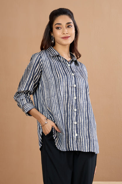 Maati  Minimalist Grey Stripes Everyday Cotton Satin Shirt