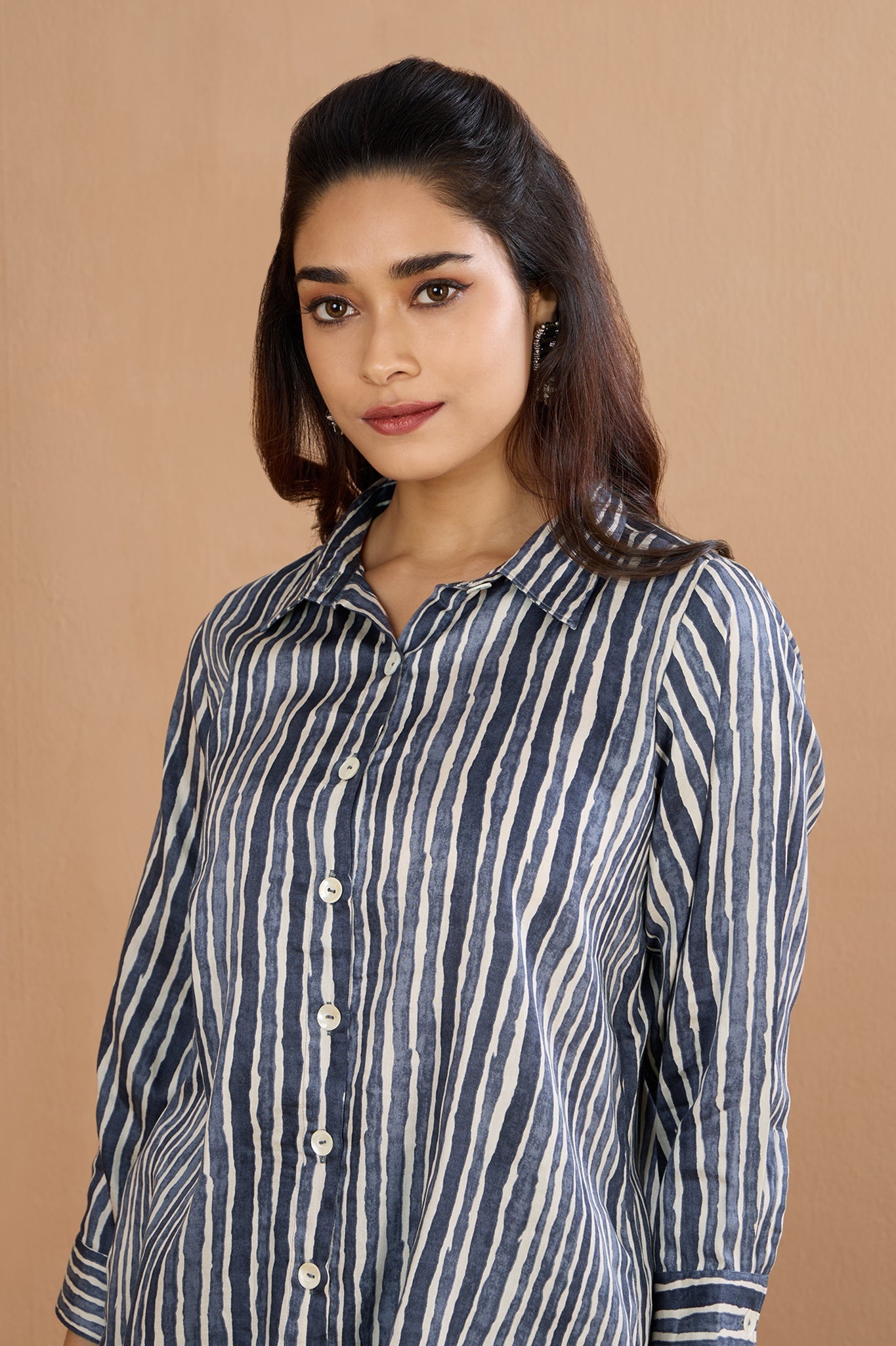 Maati  Minimalist Grey Stripes Everyday Cotton Satin Shirt